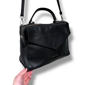 LANCASTER Paris Italian Black Pebbled Leather Work Bag Crossbody Zip Purse Tote